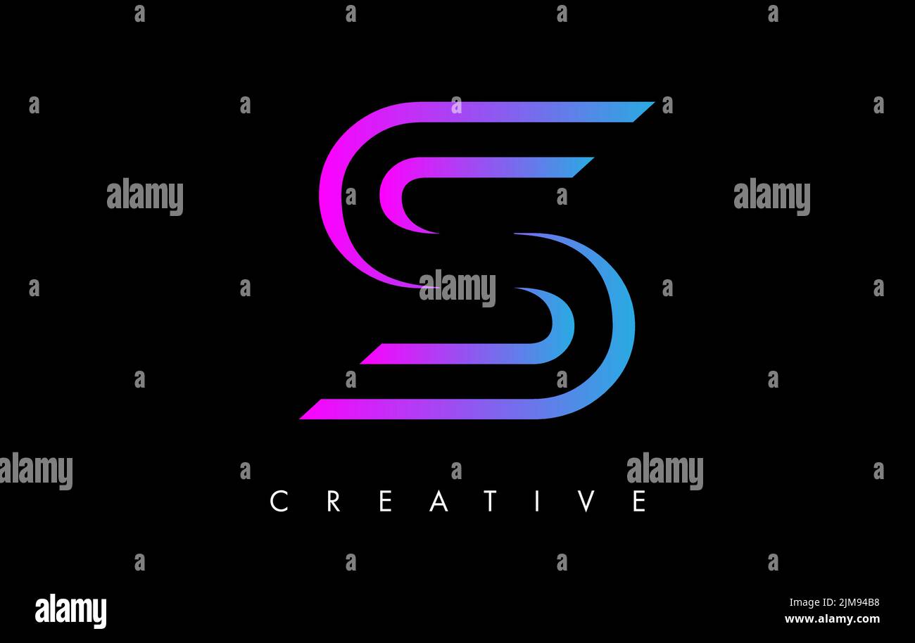S Buchstabe Logo Monogramm mit lila violetten Linien und minimalistisches Design Vektor. Kreativer moderner Buchstabe S Symbol Abbildung. Stock Vektor