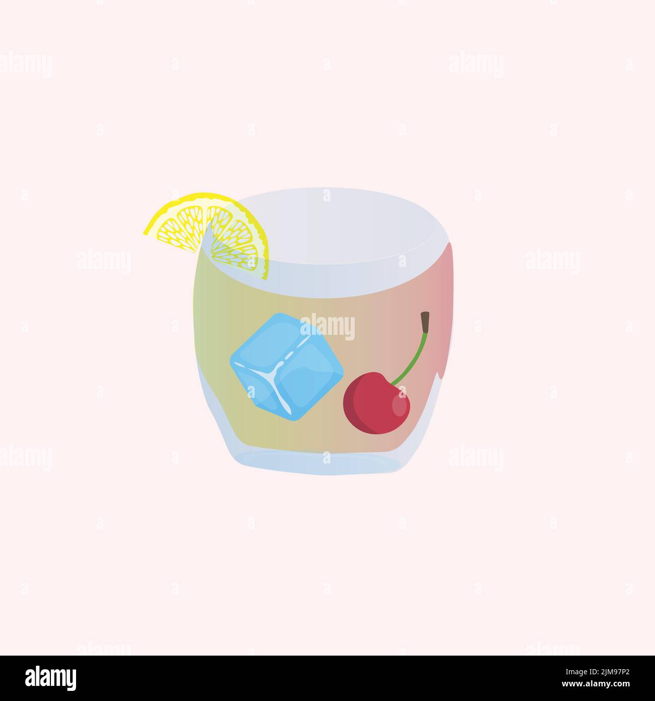 Glas mit Saft, Kirsche, Eiswürfel und Zitronenscheibe Stock Vektor