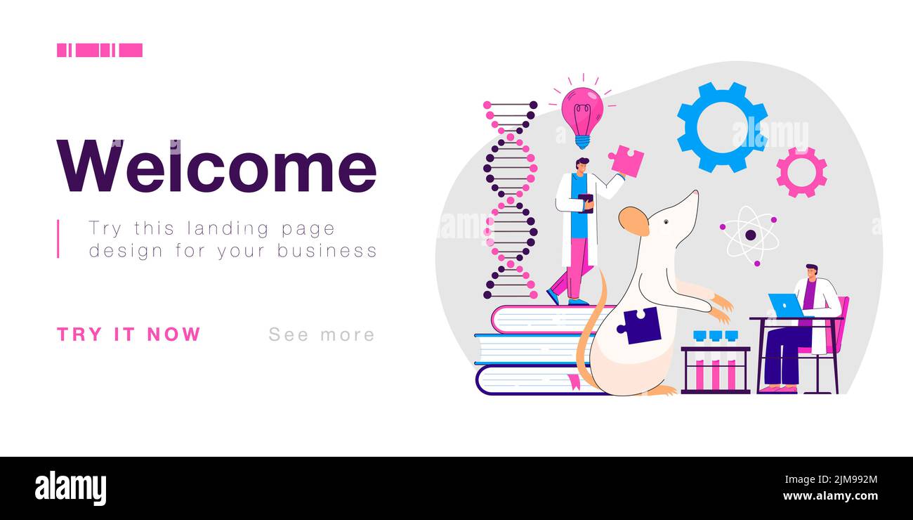 Genetische Laborforschung und Experiment von winzigen Wissenschaftlern. Menschen testen dna-Modifikationen, halten Puzzle in den Händen flache Vektor-Illustration. Bio Stock Vektor