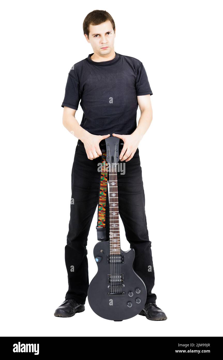 Junger Mann mit E-Gitarre. Isoliert Stockfoto