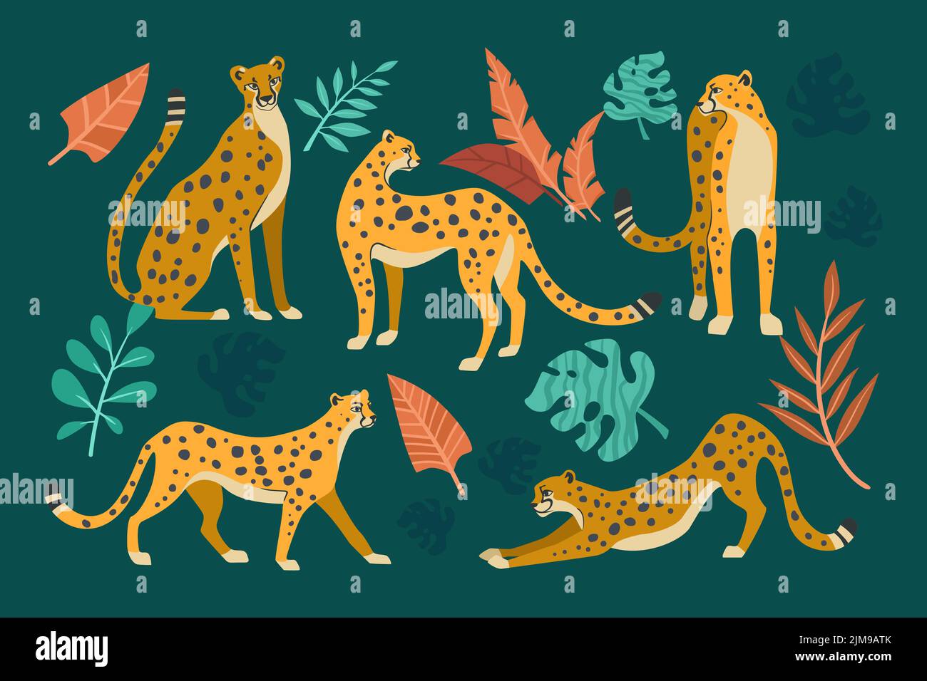 Geparden in verschiedenen Posen Cartoon Illustration Set. Nahtloses Muster mit Leoparden oder Jaguaren mit tropischen Blättern und Pflanzen isoliert auf dunkelgrün Stock Vektor