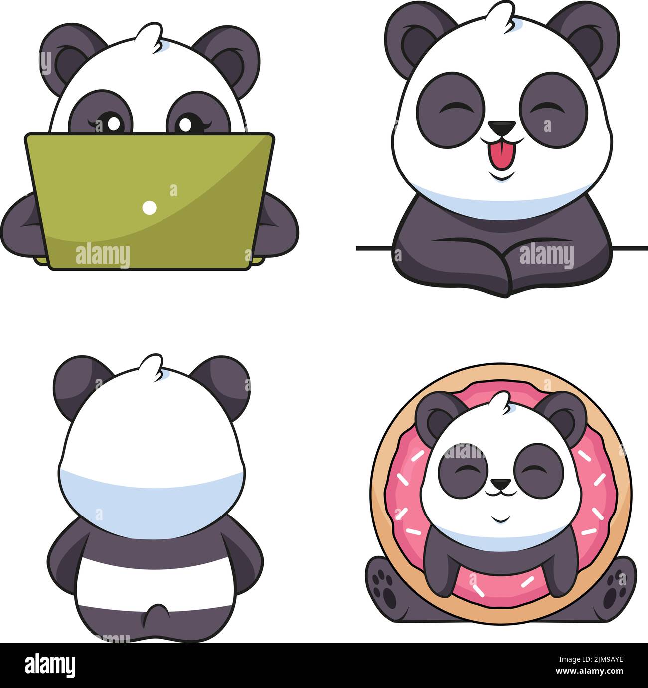 Sammlung von handgezeichneten Pandas mit einem Laptop, lächelnd, zurücklehnen, Donut haltend Stock Vektor