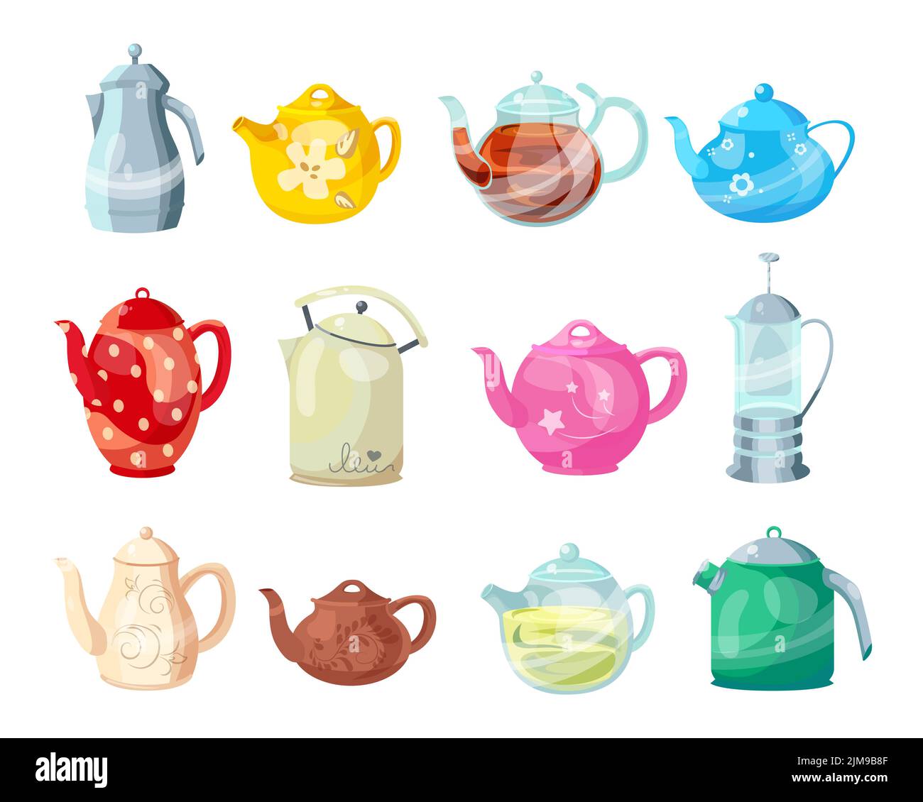 Bunte Teekannen und Wasserkocher Cartoon Illustration Set. Keramik- und Glas-Teekocher zum Kochen von Wasser, Geschirr für Teezeremonie zu Hause. Haushalt, Stock Vektor