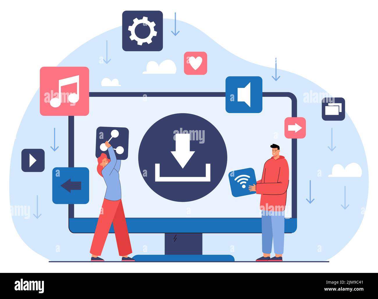 Download-Taste auf dem Computerbildschirm und Personen, die Dateien übertragen. Hochladen digitaler Daten: Videos oder Filme, Musik, Dokumente flache Vektorgrafik. Stock Vektor