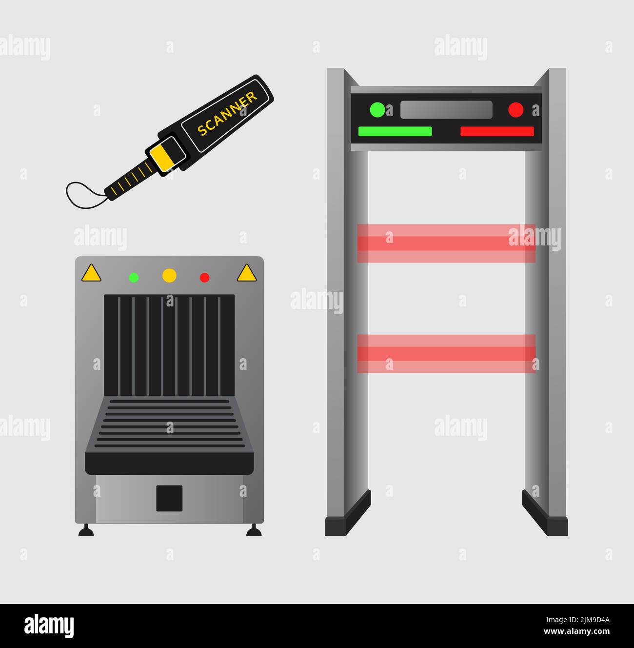 Flache Vektorabbildungen für Sicherheitskontrollpunkte. Metalldetektor-Gate, Röntgenscanner für Gepäck oder Gepäck im Flughafen isoliert auf grauer Rückseite Stock Vektor