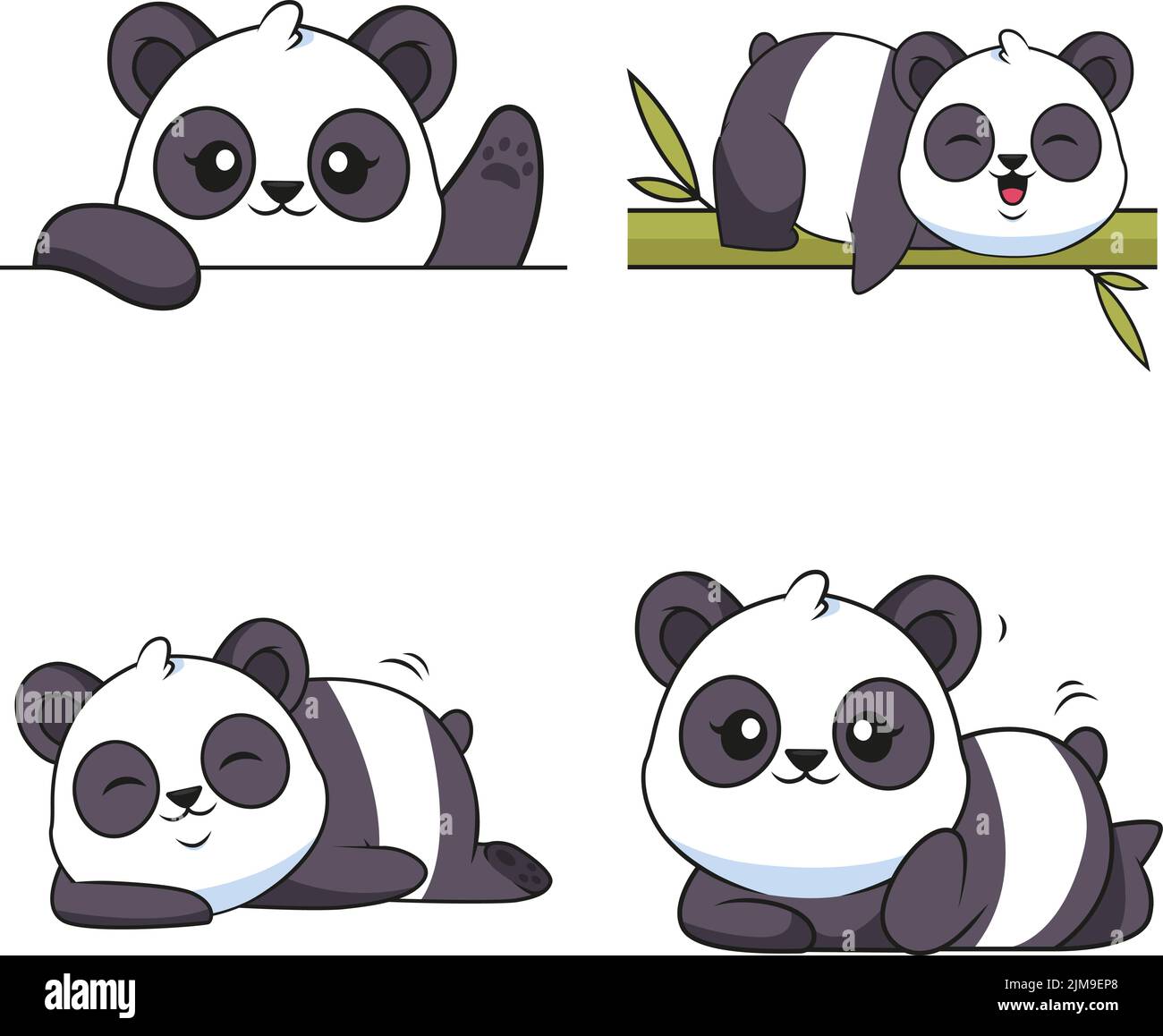 Set von niedlichen handgezeichneten Pandas winkende Pfote, liegen auf Bambus-Baum, schlafen und ruhen Stock Vektor