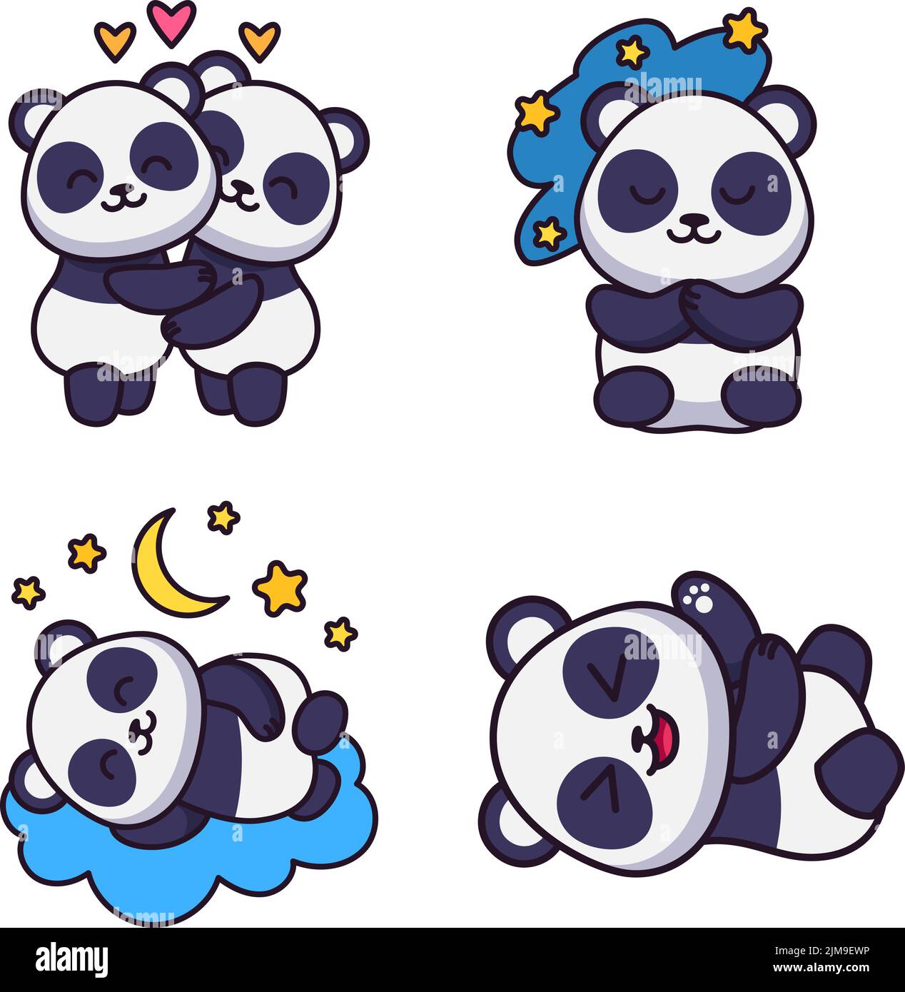 Set von niedlichen handgezeichneten Pandas umarmen, schlafen, liegen auf Wolke, spielen Stock Vektor