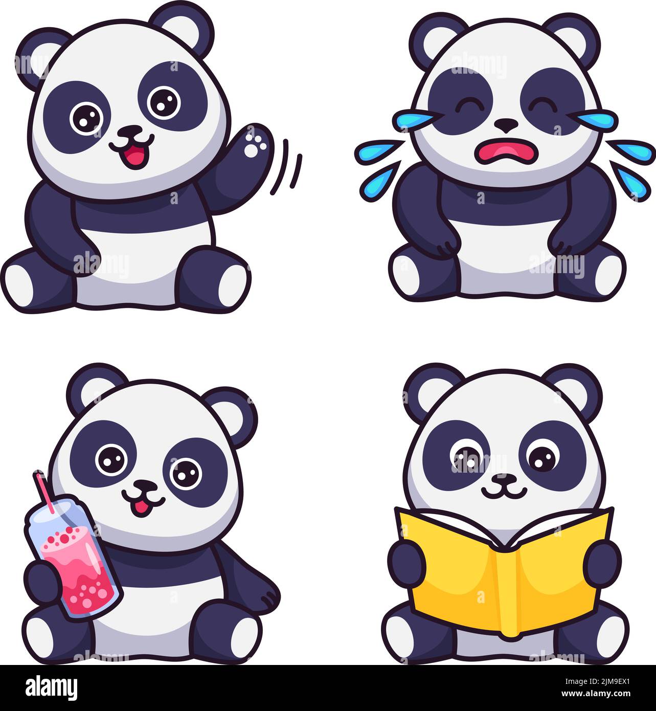 Set von niedlichen handgezeichneten Pandas winken, weinen, Cocktail halten, Buch lesen Stock Vektor