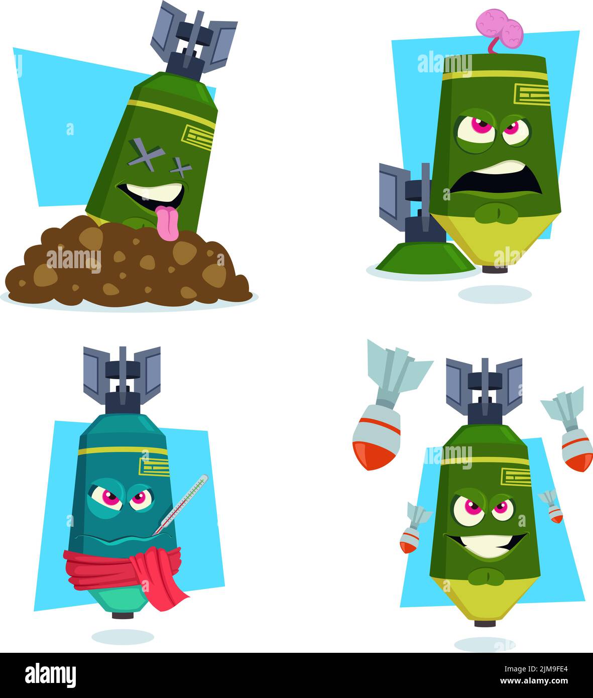 Set von handgezeichneten aggressiven Raketen, die tot liegen, Gehirn zeigen, Temperatur messen und zwischen Bomben fliegen Stock Vektor