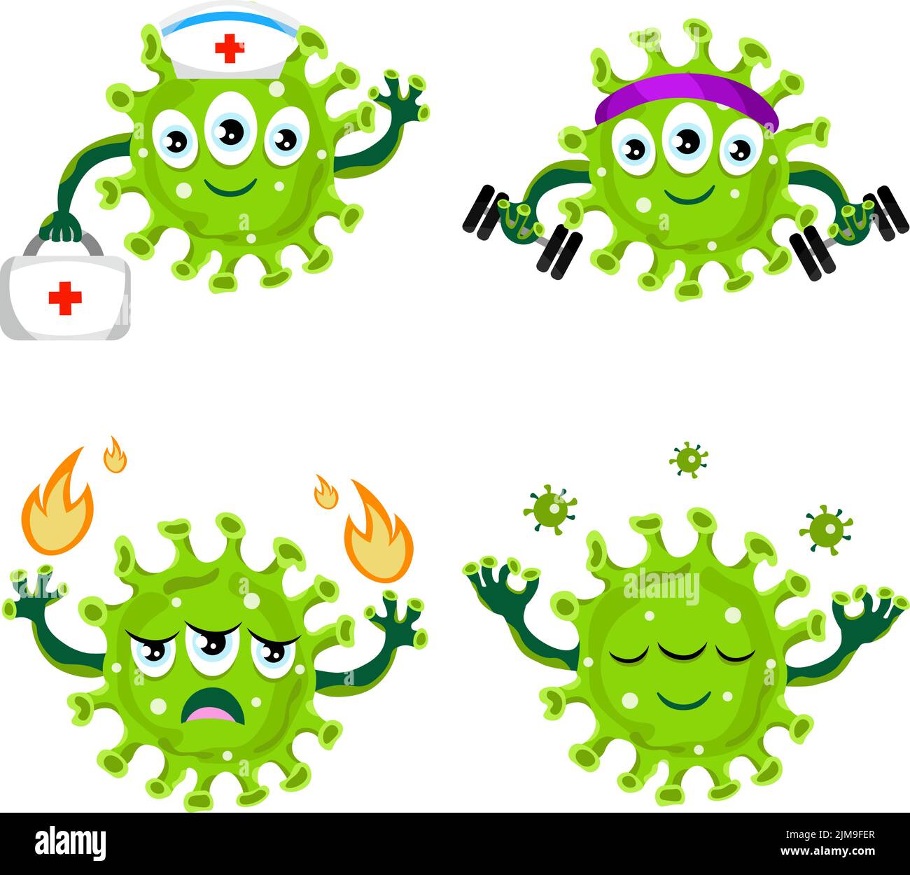 Set von handgezeichneten Cartoon Coronaviren mit erste-Hilfe-Set, Hanteln, Feuer, kleine Viren Stock Vektor
