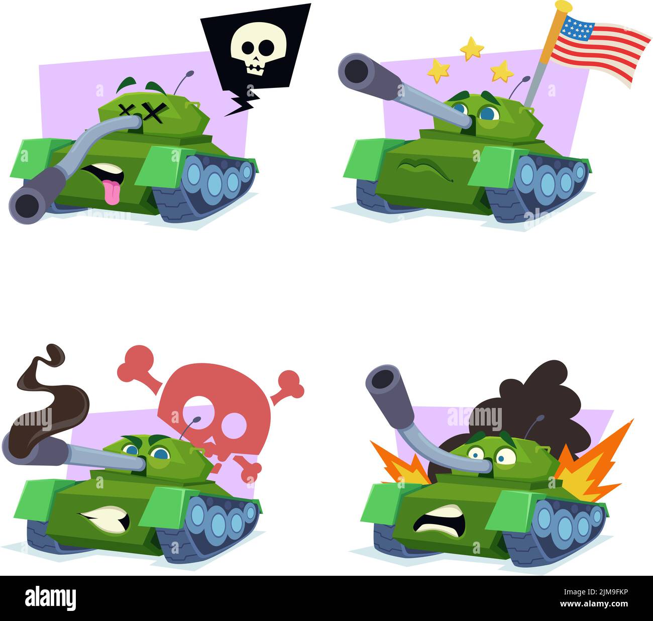 Set von handgezeichneten Cartoon-Panzer fühlen sich tot, Anheben der amerikanischen Flagge, Schießen, Brennen Stock Vektor