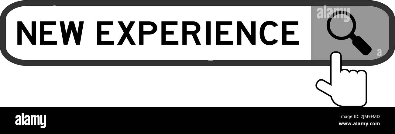 Suchen Sie Banner in Wort neue Erfahrung mit Hand über Lupensymbol auf weißem Hintergrund Stock Vektor