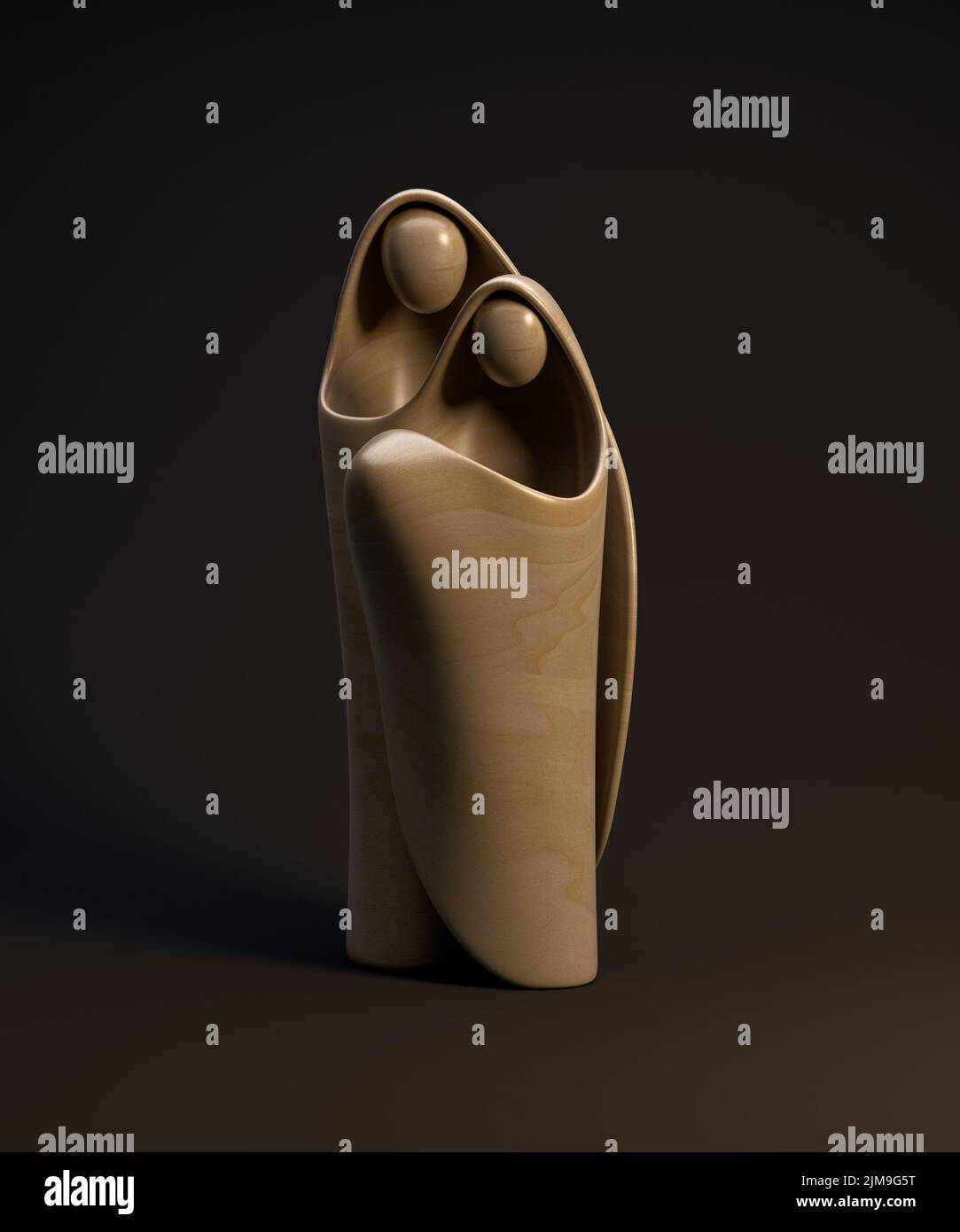 Eine abstrakte stilisierte Holzschnitzerei, die eine christliche weihnachtskrippe mit maria, josef und dem Jesuskind darstellt - 3D Render Stockfoto