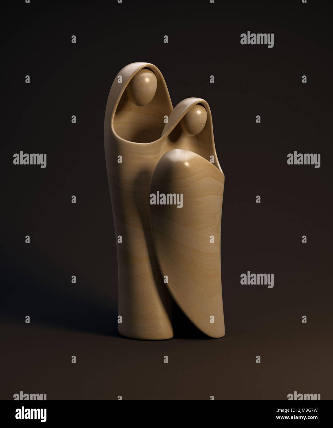 Eine abstrakte stilisierte Holzschnitzerei, die eine christliche weihnachtskrippe mit maria, josef und dem Jesuskind darstellt - 3D Render Stockfoto