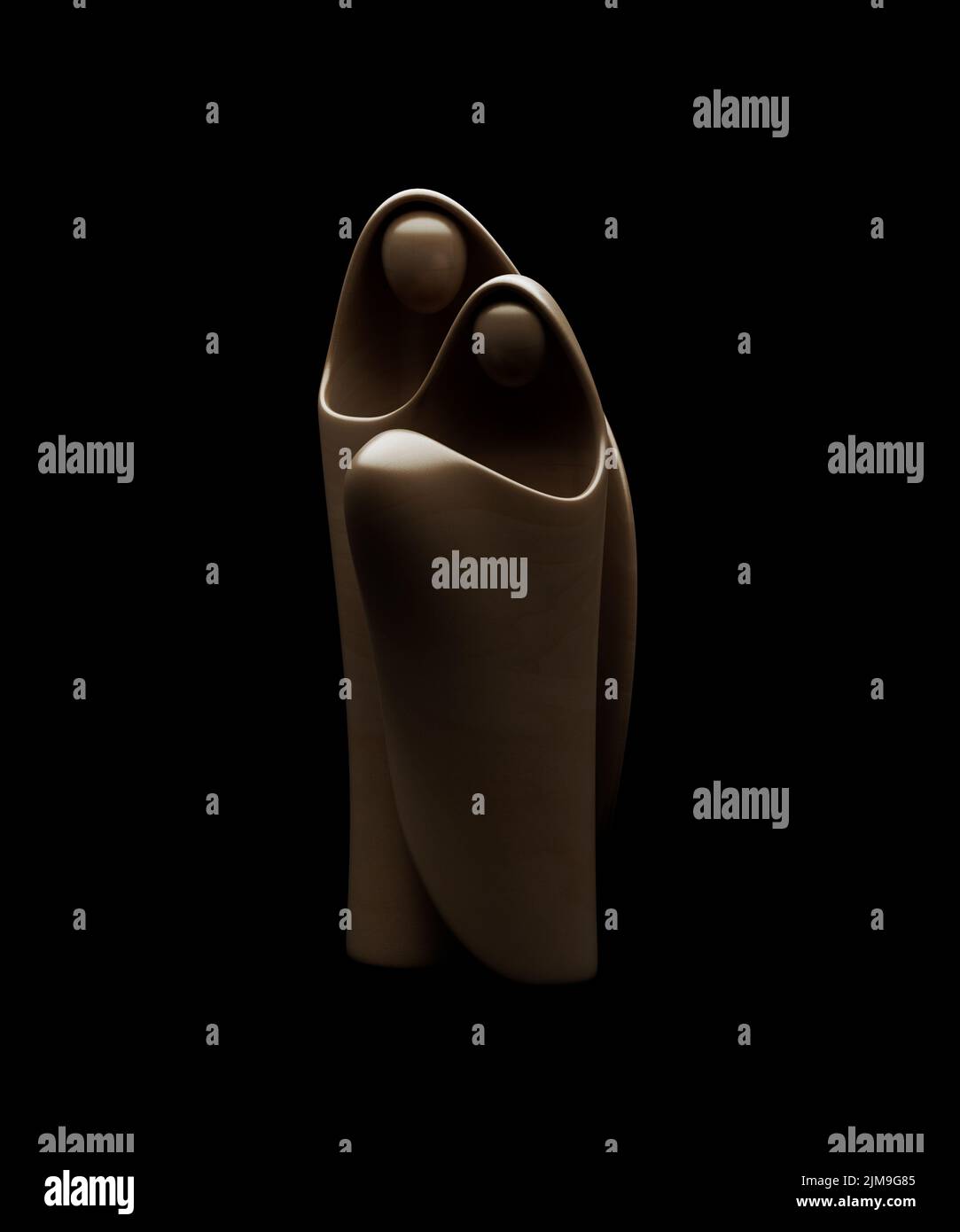 Eine abstrakte stilisierte Holzschnitzerei, die eine christliche weihnachtskrippe mit maria, josef und dem Jesuskind darstellt - 3D Render Stockfoto