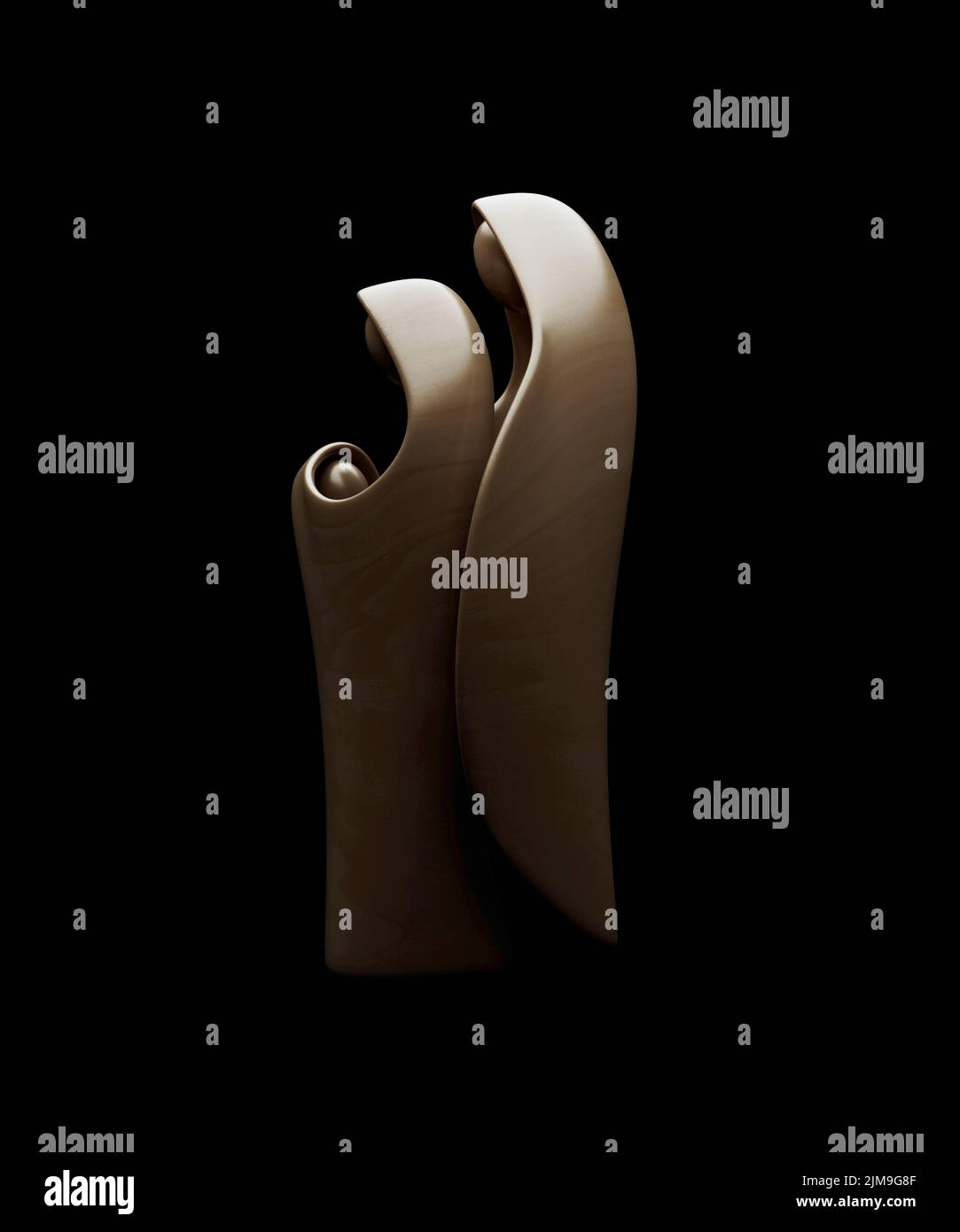 Eine abstrakte stilisierte Holzschnitzerei, die eine christliche weihnachtskrippe mit maria, josef und dem Jesuskind darstellt - 3D Render Stockfoto