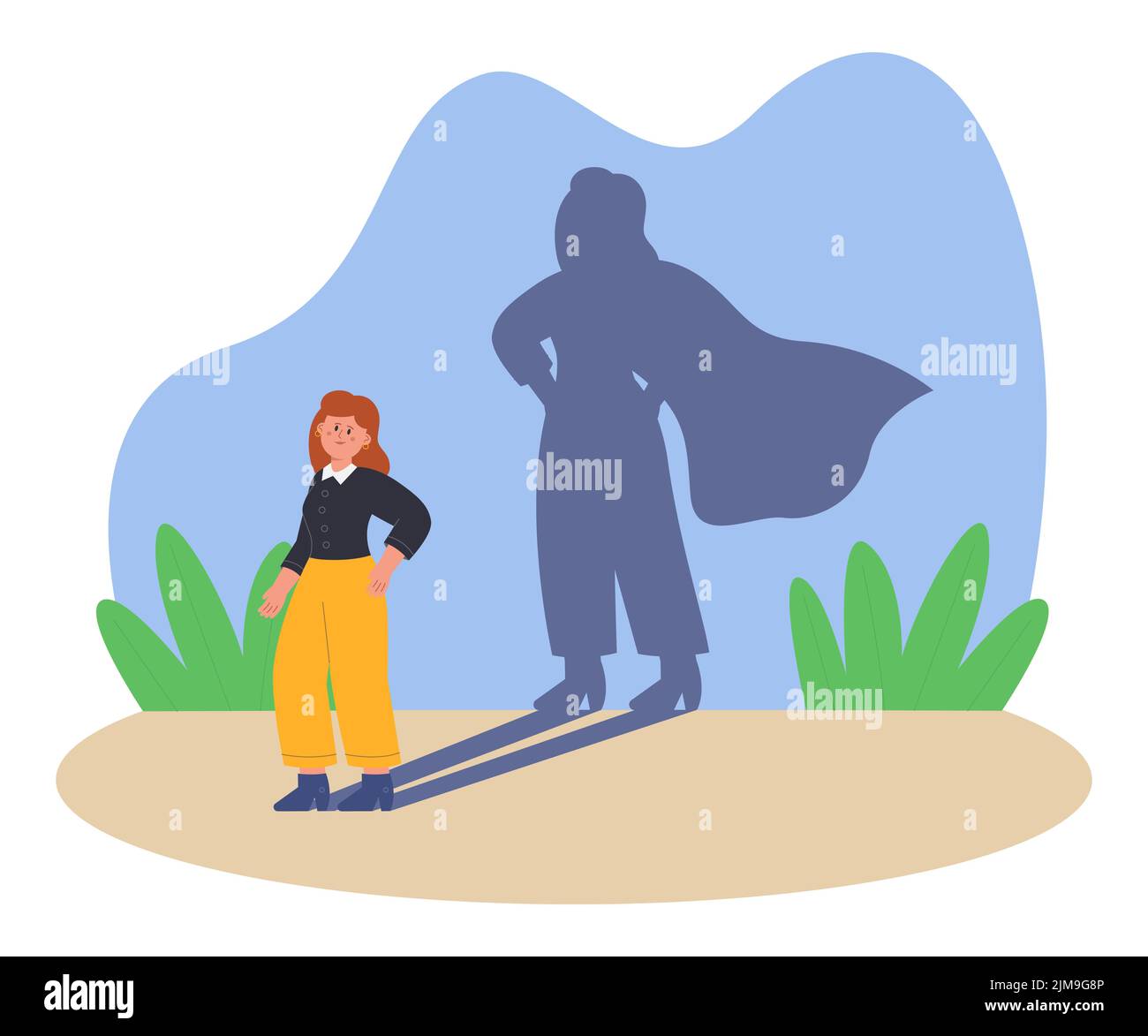 Erfolgreiche Frau mit Superhelden Schatten flache Vektor Illustration. Tapfere und starke weibliche Zeichentrickfigur erreichen professionelle Ziele, bewegen sich bis Auto Stock Vektor