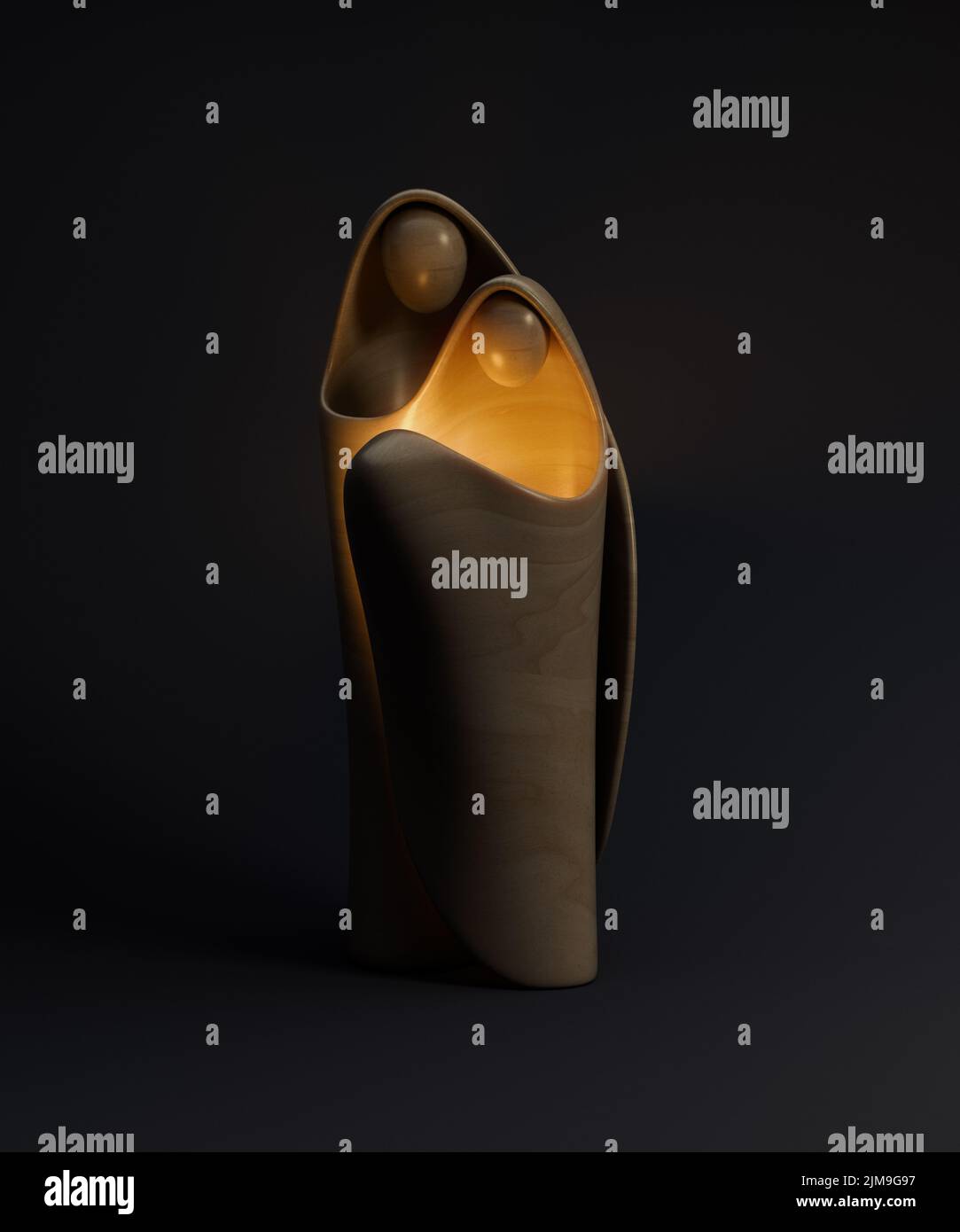 Eine abstrakte stilisierte Holzschnitzerei, die eine christliche weihnachtskrippe mit maria, josef und dem Jesuskind als erhellendes Licht darstellt - 3D r Stockfoto