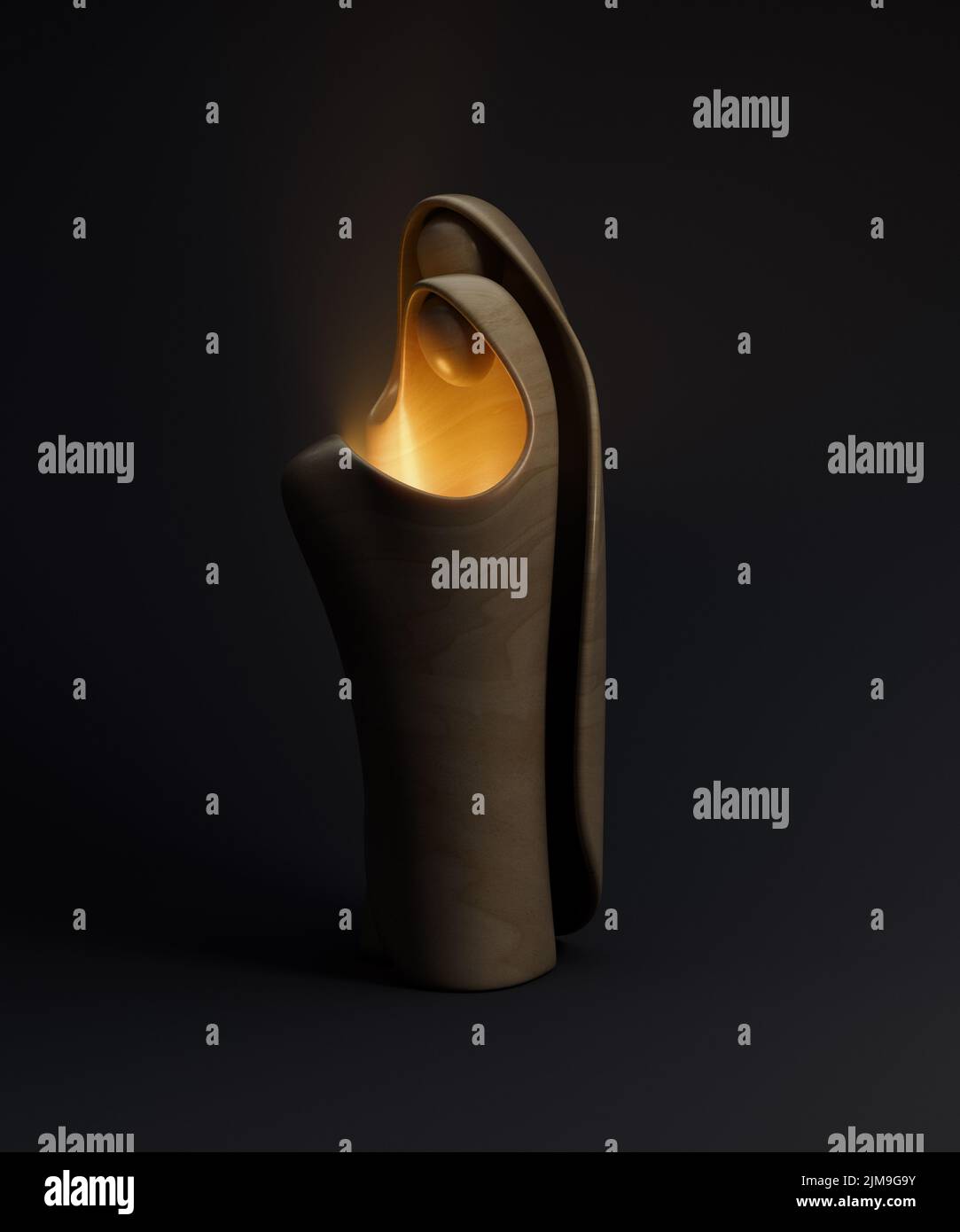 Eine abstrakte stilisierte Holzschnitzerei, die eine christliche weihnachtskrippe mit maria, josef und dem Jesuskind als erhellendes Licht darstellt - 3D r Stockfoto