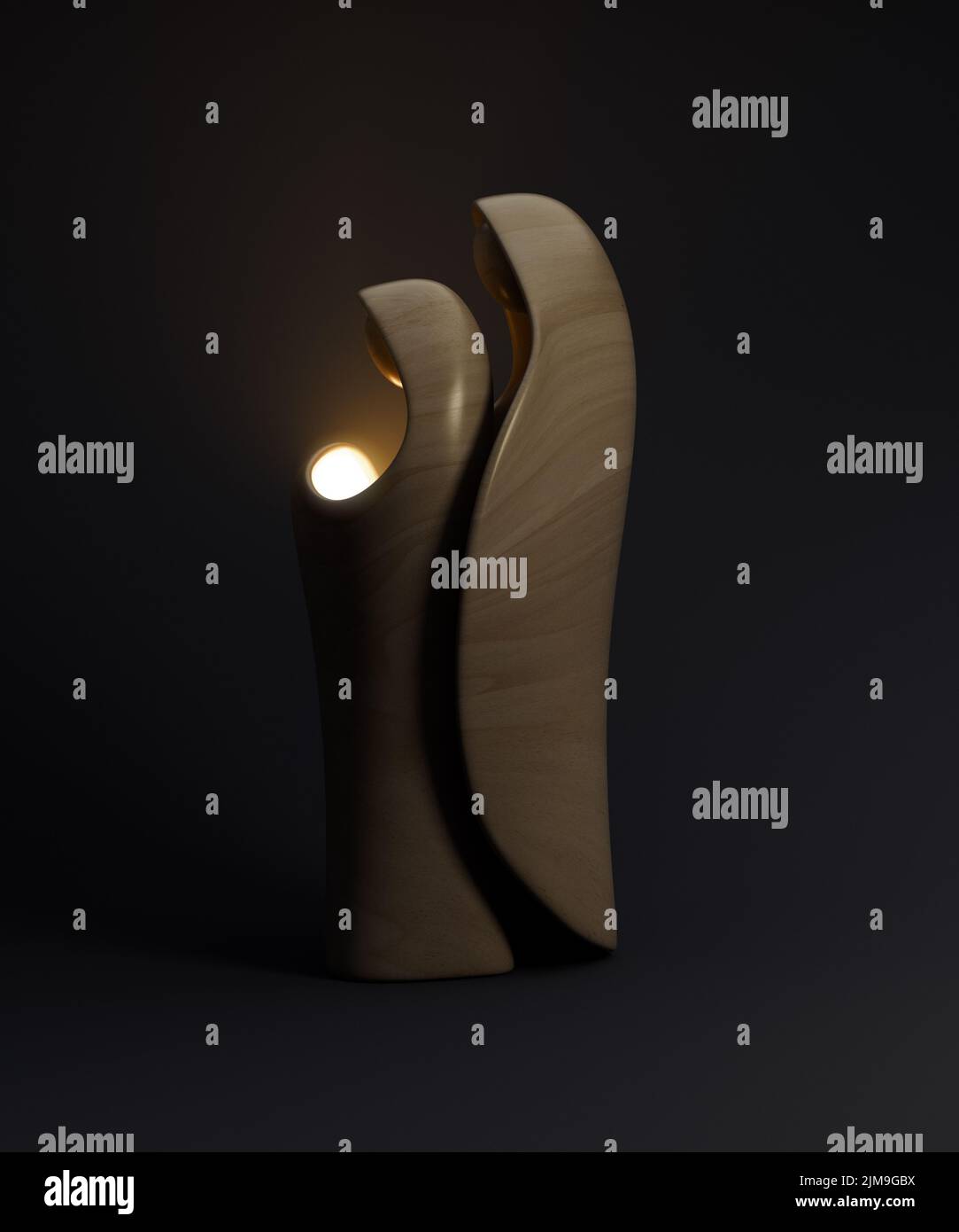 Eine abstrakte stilisierte Holzschnitzerei, die eine christliche weihnachtskrippe mit maria, josef und dem Jesuskind als erhellendes Licht darstellt - 3D r Stockfoto