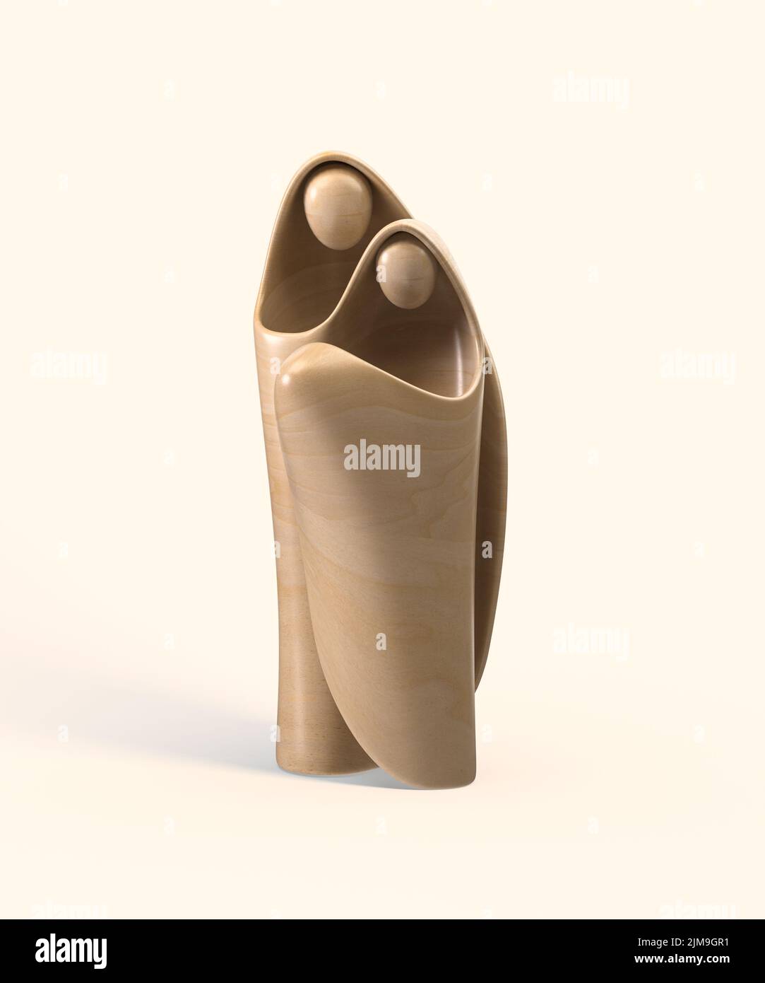 Eine abstrakte stilisierte Holzschnitzerei, die eine christliche weihnachtskrippe mit maria, josef und dem Jesuskind darstellt - 3D Render Stockfoto