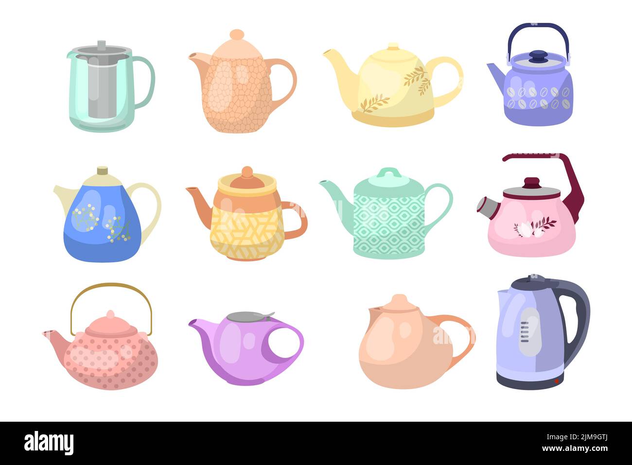 Bunte Teekannen und Wasserkocher Cartoon Illustration Set. Keramik-, Glas- und elektrische Wasserkocher zum Kochen von Wasser. Haushalt, Küchenutensilien, Dekoration, Stock Vektor