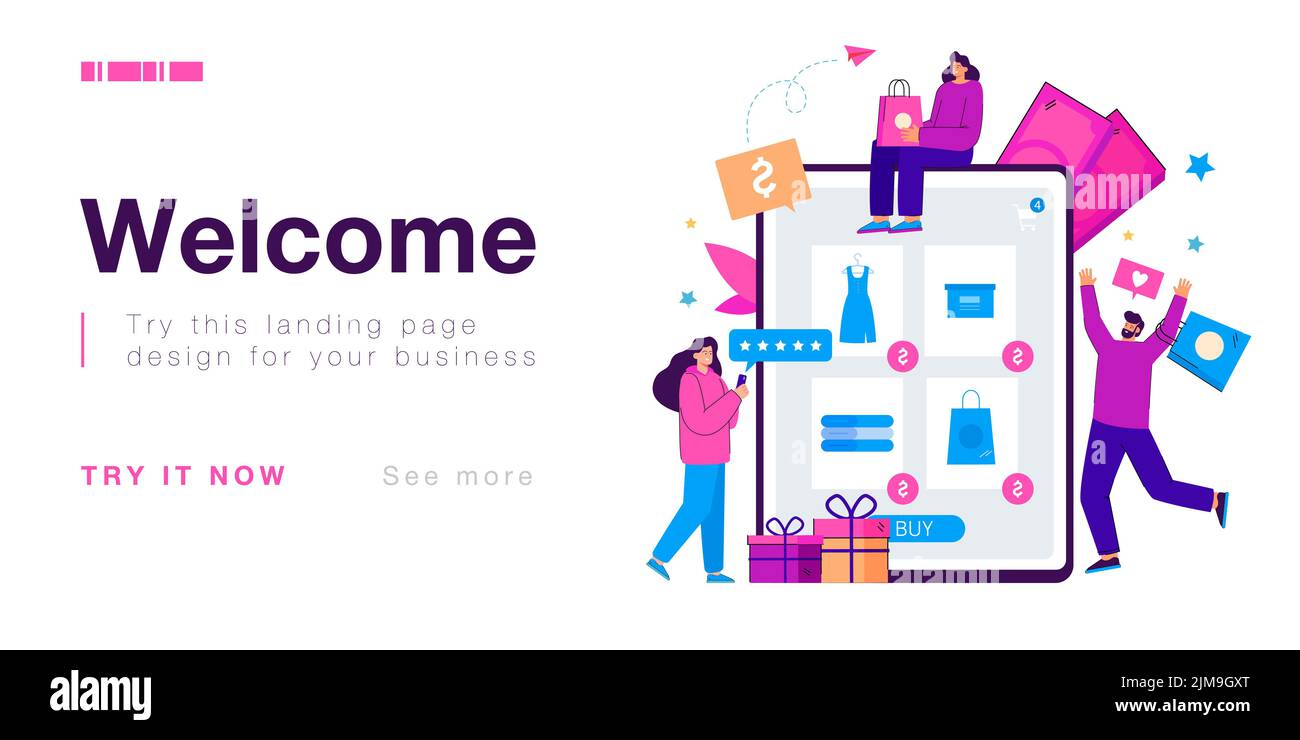 Eine Gruppe verrückter Shopaholics, die Einkäufe im Online-Shop tätigen. Riesige Tablet, Kunden kaufen aus Internet-Shops flache Vektor-Illustration. Online-Shop Stock Vektor