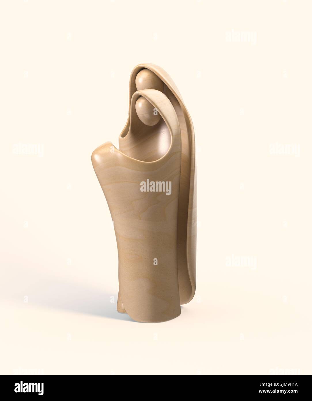 Eine abstrakte stilisierte Holzschnitzerei, die eine christliche weihnachtskrippe mit maria, josef und dem Jesuskind darstellt - 3D Render Stockfoto