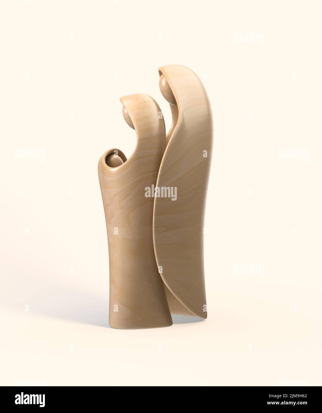 Eine abstrakte stilisierte Holzschnitzerei, die eine christliche weihnachtskrippe mit maria, josef und dem Jesuskind darstellt - 3D Render Stockfoto