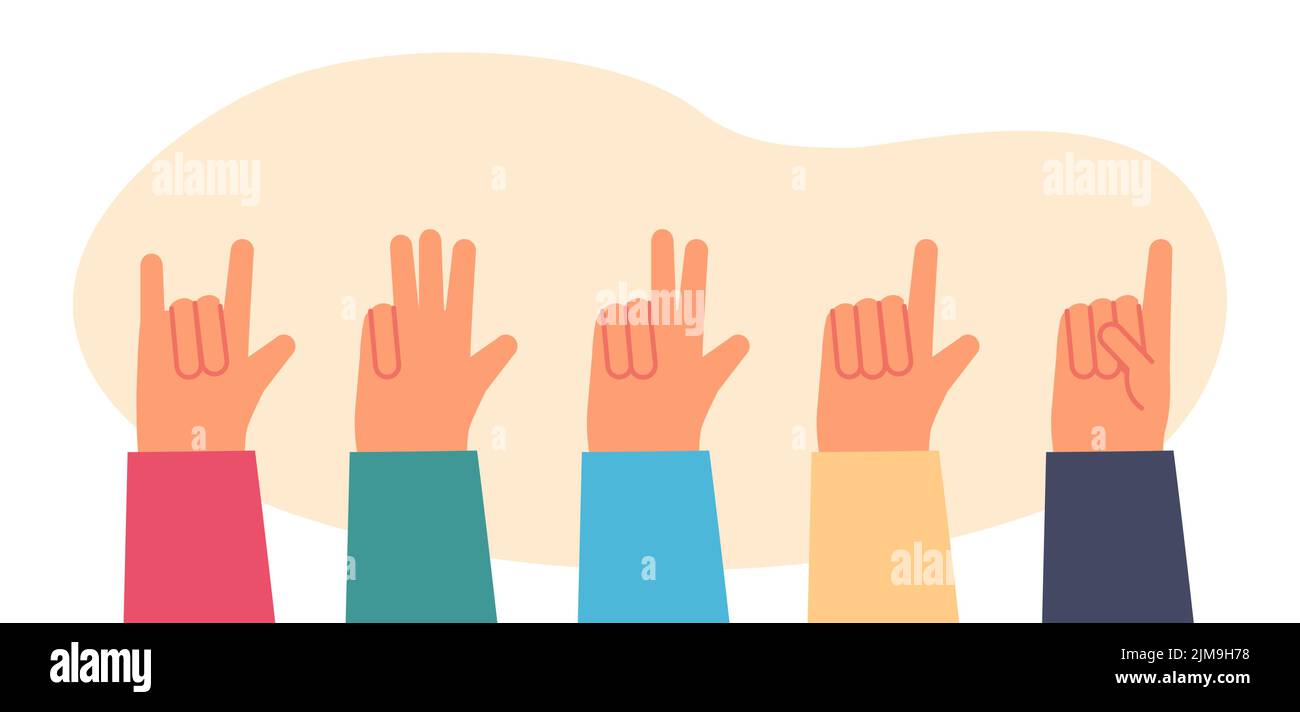 Hände von Personen, die Zahlen von eins bis vier zeigen. Personen, die mit Fingern zählen, Geste der Hand, was Liebe bedeutet, flache Vektorgrafik. Gebärdensprache, ed Stock Vektor