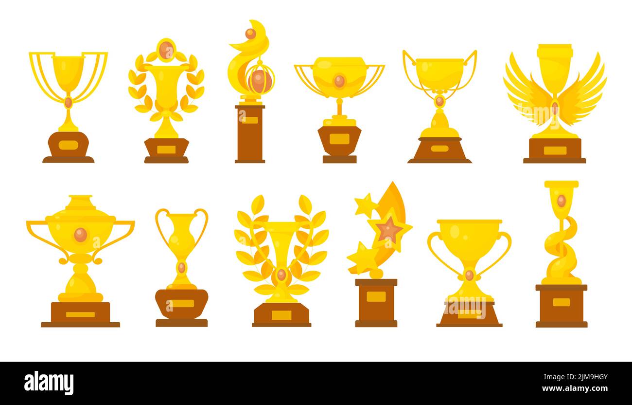 Goldene Tassen für Gewinner Vektor-Illustrationen-Set. Sammlung goldener Trophäen oder Preise für die Siegerehrung, Belohnung für den Gewinn eines Sportwettbewerbs auf Weiß Stock Vektor