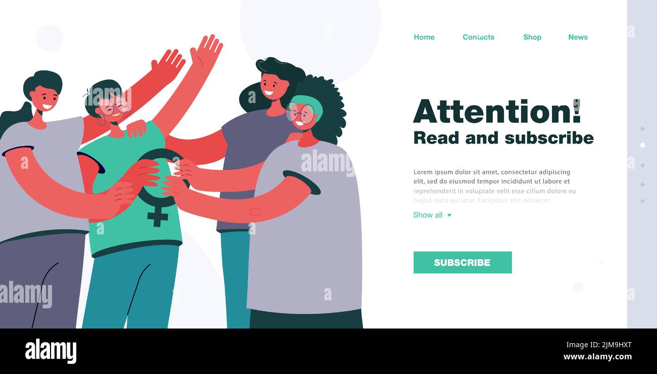 Cartoon Frauen halten weibliche Symbol zusammen. Gruppe von glücklichen Feministinnen flache Vektor-Illustration. Feminismus, Gleichheit, Vielfalt, Gemeinschaftskonzept für Stock Vektor