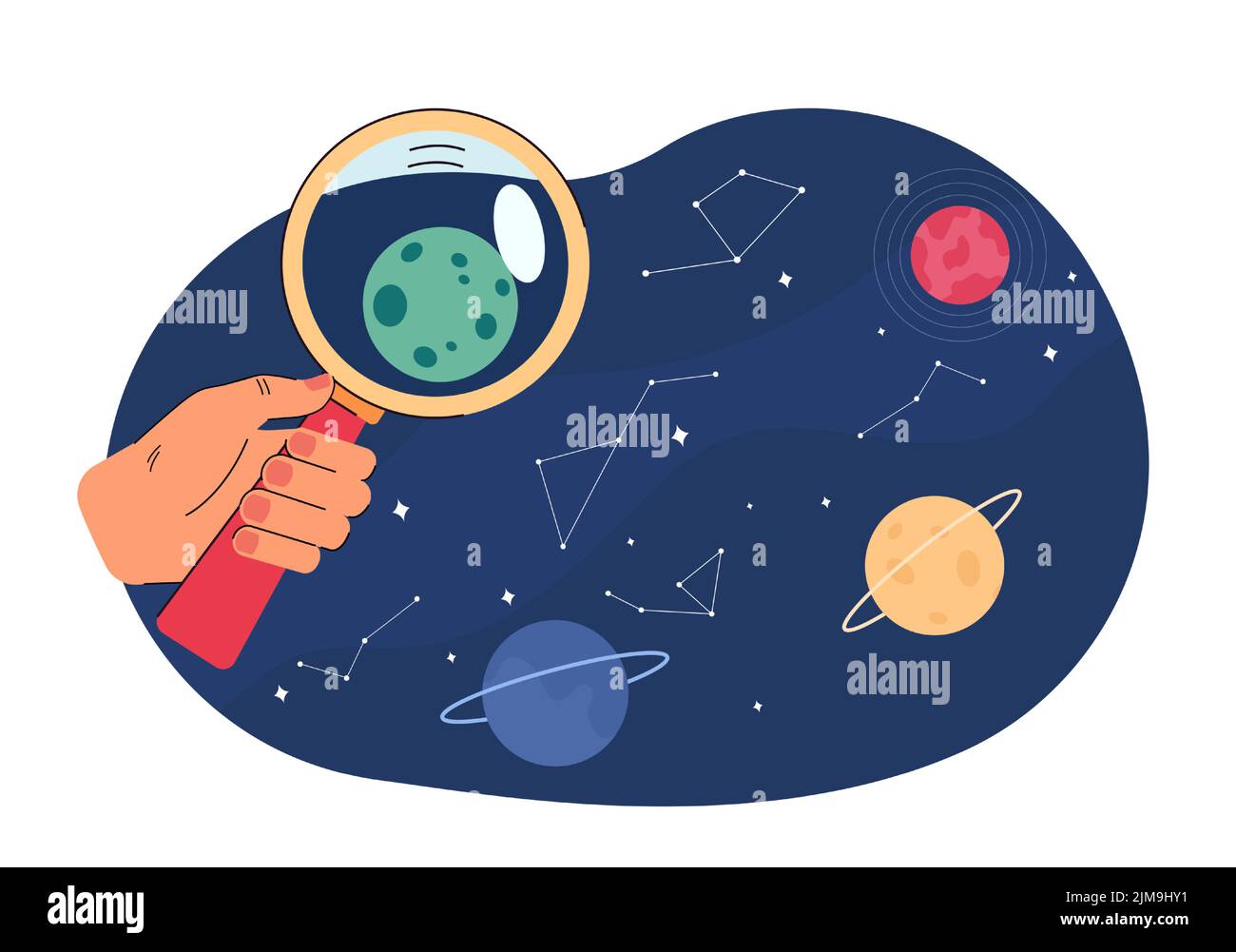 Hand hält Lupe und untersucht Planeten im Weltraum. Sterne, Planeten und Konstellationen in Himmel flache Vektordarstellung. Astronomie, Astrologie, Pädagogische Stock Vektor