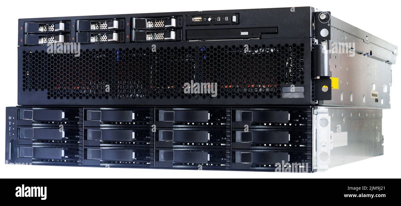 Blade-Server- und Datensystemspeicher sind weiß isoliert Stockfoto