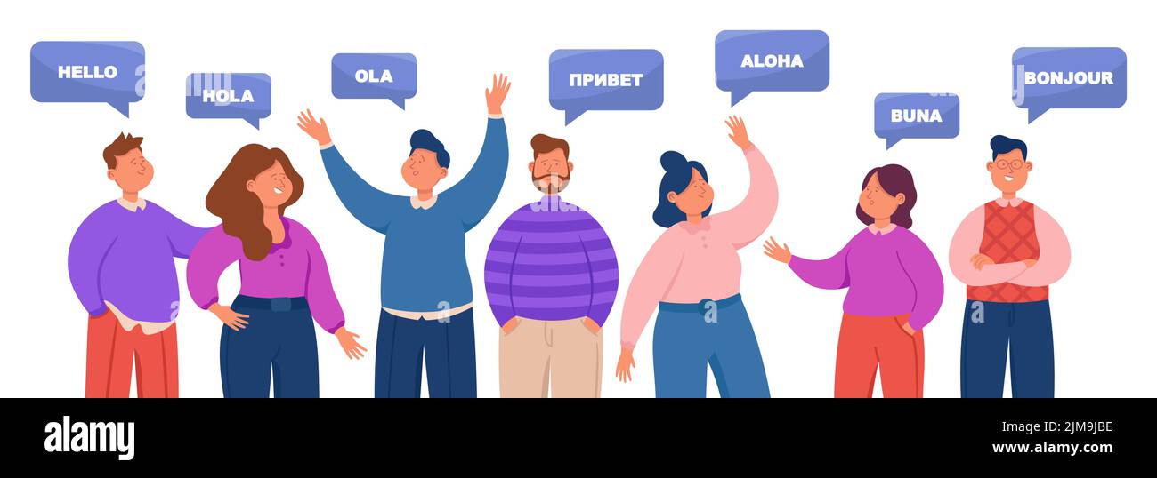 Menschen, die Hallo sagen in verschiedenen Sprachen. Multiethnische Männer und Frauen, die Fremdsprachen sprechen. Mehrsprachige Lautsprecher begrüßen flache Vektor-Illustration Stock Vektor