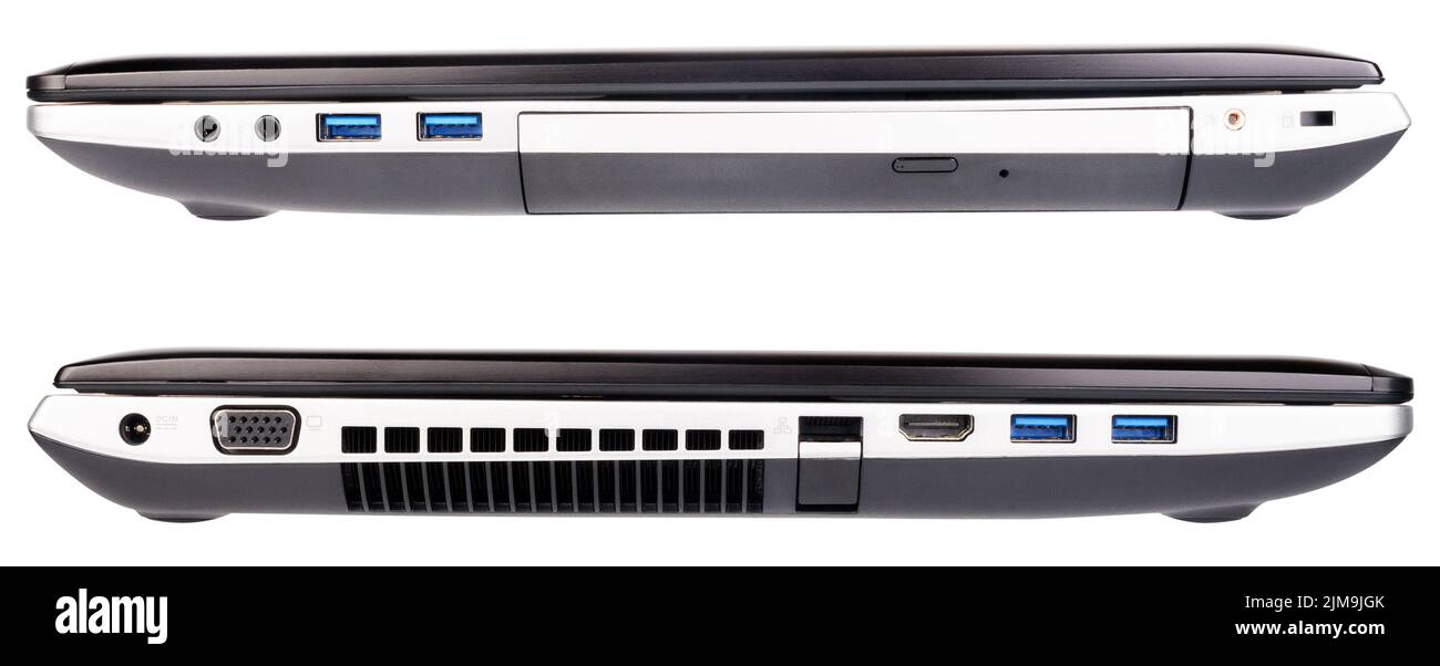 Die rechte und linke Ansicht eines geschlossenen Laptops ist auf dem weißen Hintergrund isoliert Stockfoto