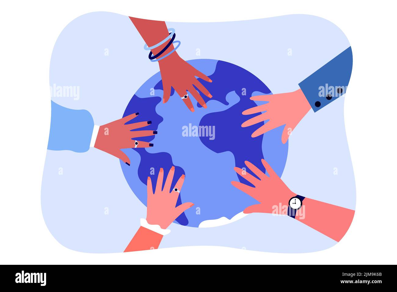 Hände verschiedener Menschen auf der ganzen Welt. Team von multikulturellen Personen, die zusammen flache Vektor-Illustration. Teamarbeit, Unterstützung, Partnerschaft, Vertrauen c Stock Vektor