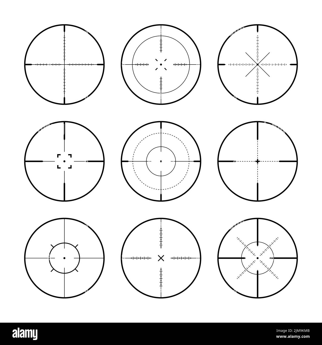 Verschiedene Scharfschützengewehr Visiere, Waffe optischen Scope Fadenkreuz. Sucher für Jagdwaffen. Symbol für das Aufschießzeichen, zielen. Militärisches Zielschild. Spieloberfläche Stock Vektor