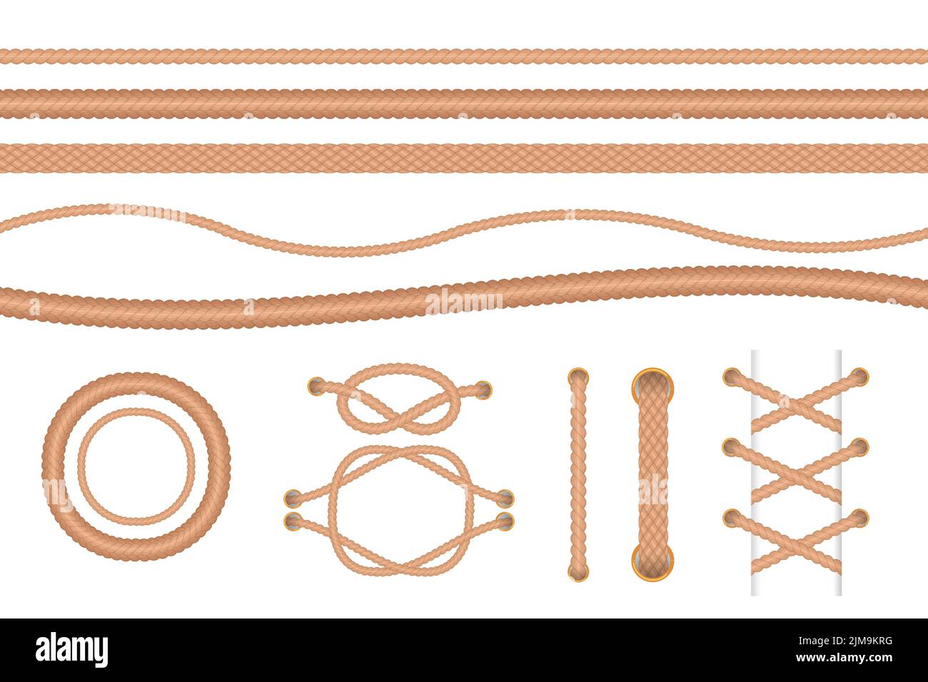 Verschiedene Arten von Seil Vektor Illustrationen Set. Sammlung von Zeichentrickzeichnungen von Seeknoten und Schleifen, nautische Grenze isoliert auf weißem Hintergrund Stock Vektor