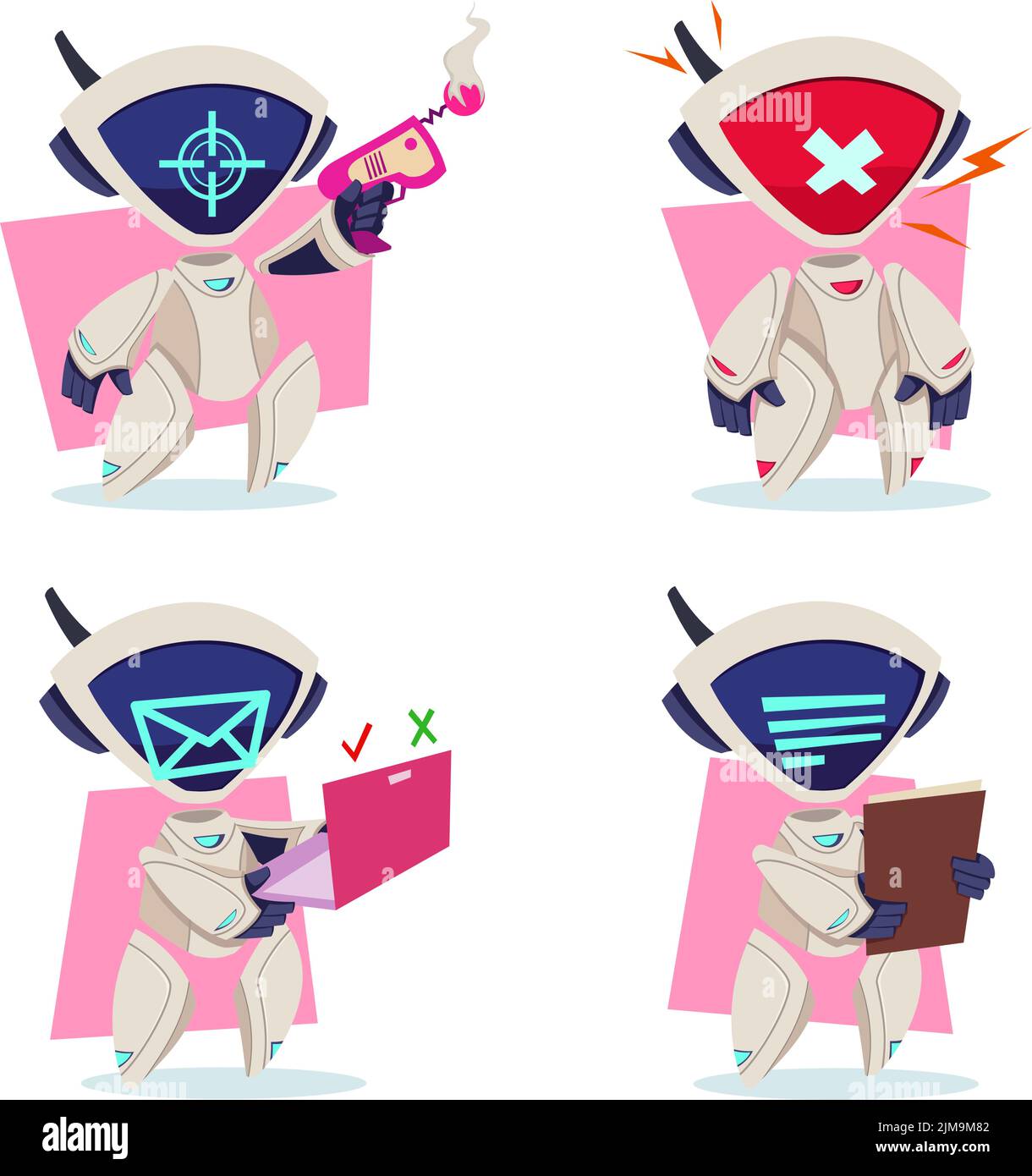 Satz von handgezeichneten Robotern, die mit Phaser schießen, Fehler anzeigen, E-Mail senden, Nachricht lesen Stock Vektor
