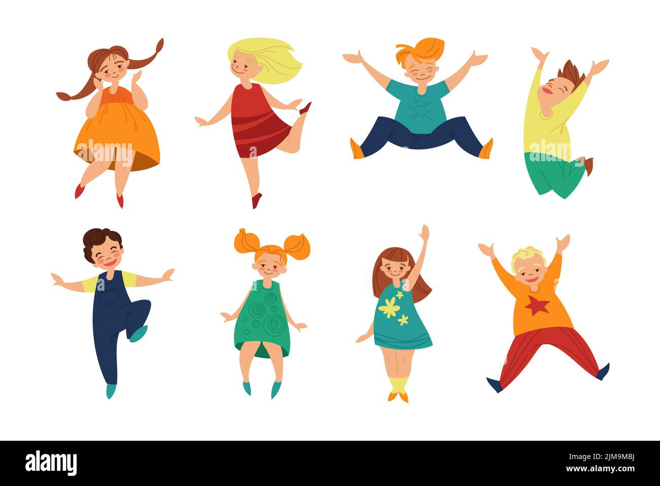 Happy niedlichen Kinder Cartoon Illustration Set. Gruppe von kleinen Kindern, fröhlichen Charakteren, Schuljungen und Mädchen, die in verschiedenen Positionen auf whit stehen Stock Vektor