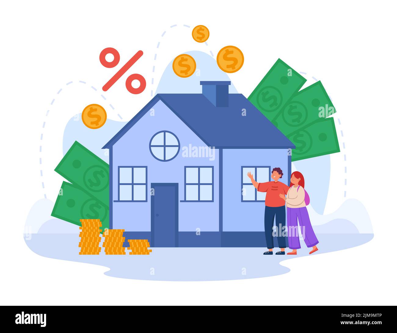 Verheiratetes Paar investiert Ersparnisse in ein neues Zuhause. Menschen, die Kredit in der Bank, Geld für den Kauf Haus Wohnung Vektor Illustration. Hypothek, Eigentum, PR Stock Vektor