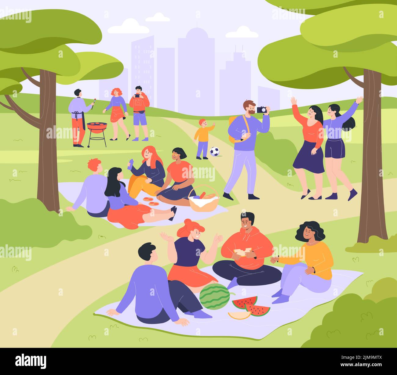 Leute, die im öffentlichen Park picknicken, flache Vektorgrafik. Glückliche Männer und Frauen, Familie und Kinder sitzen auf der Decke, essen und reden. Landschaft Stock Vektor