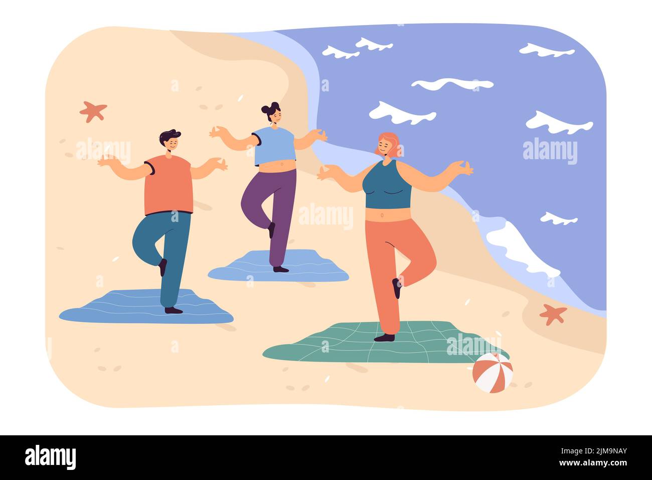 Menschen stehen in Baumlage am Sandstrand. Männer und Frauen machen Yoga auf Matten im Freien nahe dem Meer flache Vektor-Illustration. Sport, Gesundheitskonzept f Stock Vektor