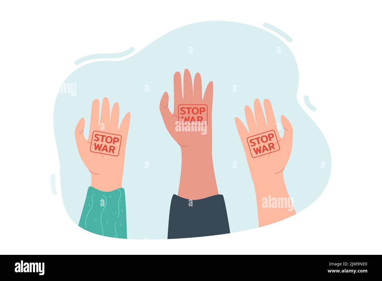 Menschliche Hände erheben sich mit Stop-war-Zeichen auf Handflächen. Völker protestieren gegen Krieg und Gewalt flache Vektordarstellung. Frieden, Kampf, Solidarität concep Stock Vektor