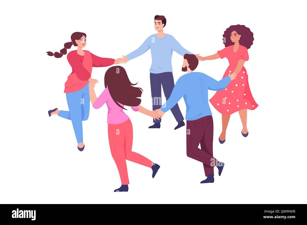 Menschen verschiedener Nationalitäten halten die Hände im Kreis. Multikulturelle Personen runden zusammen tanzen flache Vektor-Illustration. Internationales Kommun Stock Vektor