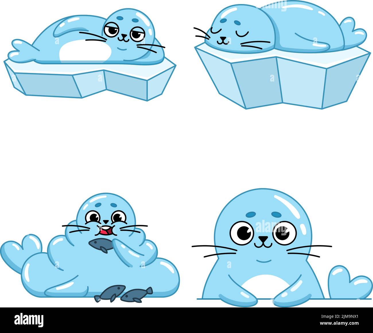 Set von niedlichen handgezeichneten Cartoon-Robben liegen auf der Eisplatte, schlafen, Fisch essen, gucken und lächeln Stock Vektor