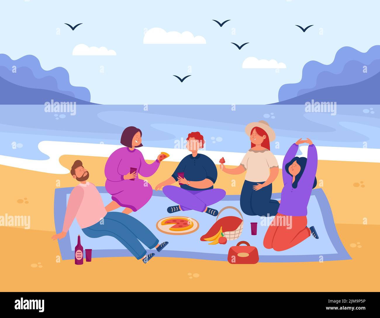 Gruppe von glücklichen Cartoon-Freunden mit Picknick am Strand. Lächelnde Männer und Frauen essen und trinken draußen in der Nähe des Ozeans, Menschen essen am Meer zu Mittag Stock Vektor