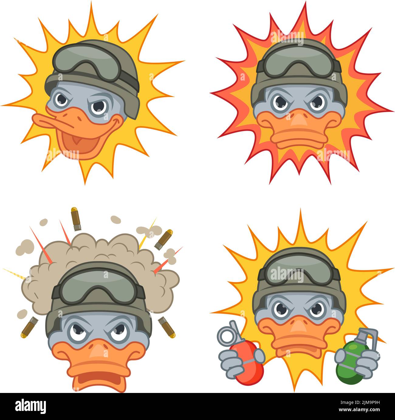 Ein Satz handgezeichneter Soldaten, die lachen, wütend werden, explodieren, Granaten halten Stock Vektor