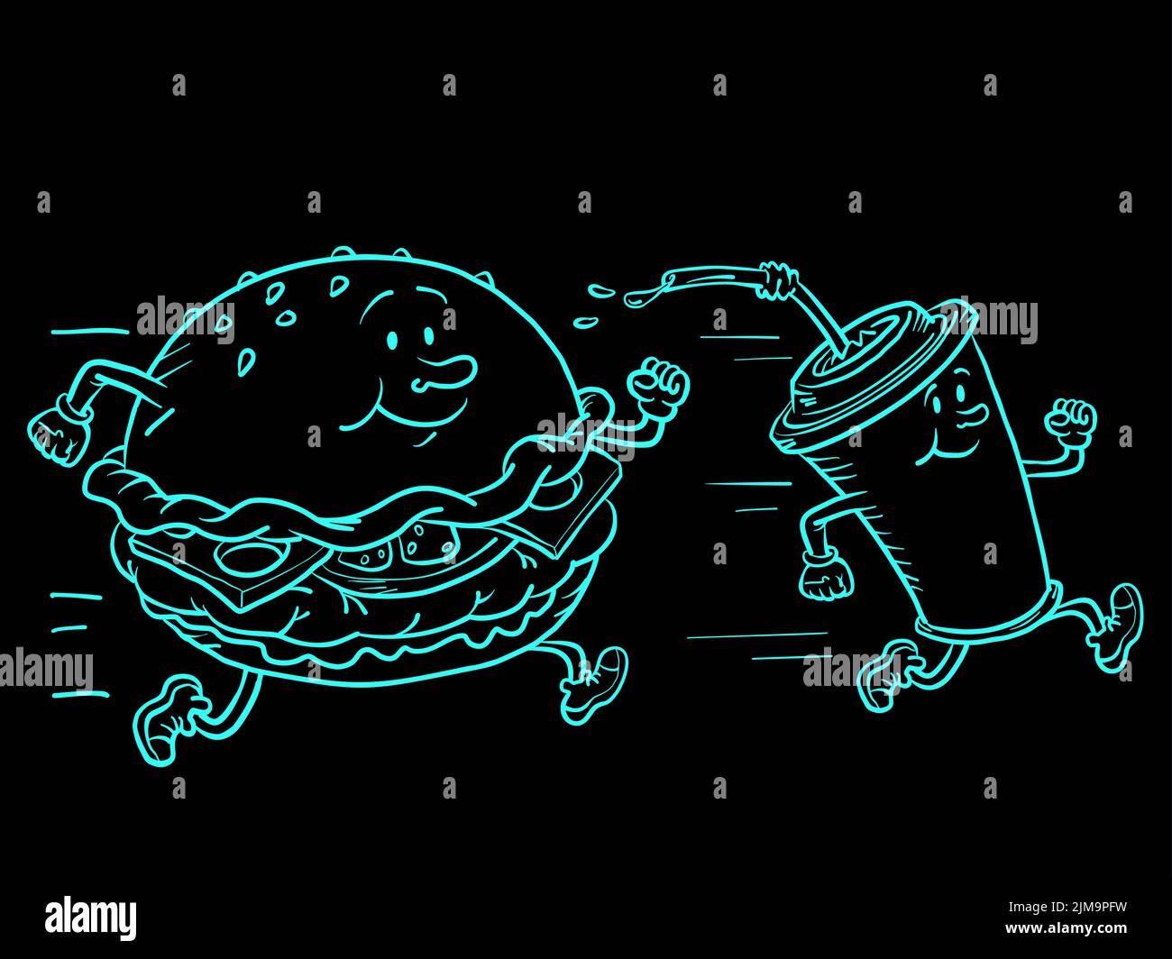 Fastfood-Figuren Burger und Cola-Getränk laufen. Sportlicher Lifestyle und Street Food Stock Vektor